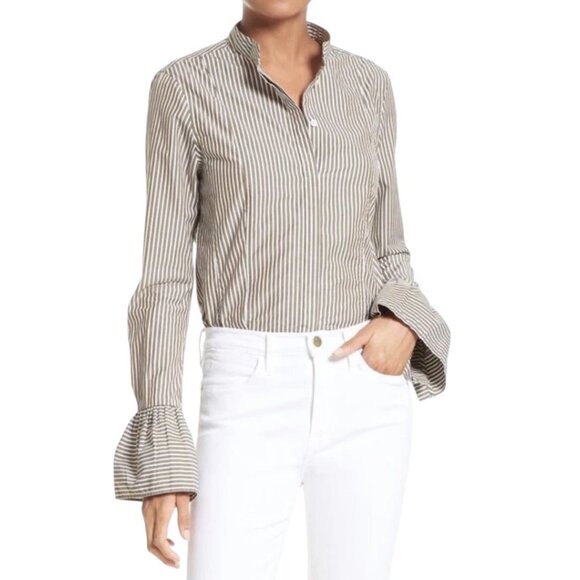 Frame Olive Green & White Stripe Button Up Bell Sleeves Poplin Shirt Size 12 - Picture 1 of 13